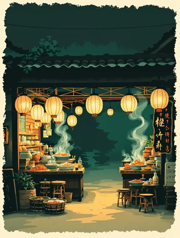 夜市灯还亮着 - 金蕉连载作品封面 夜市灯还亮着封面插画:凌晨两点的糖水铺,收留所有没睡的人。